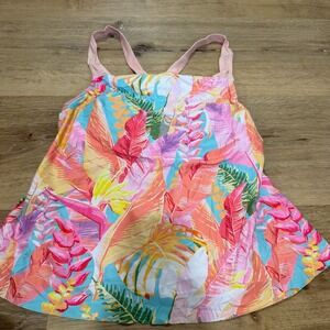 Tropical Leaf Print Swim Dress Tankini Top Pink Orange Floral 0XL Plus Size